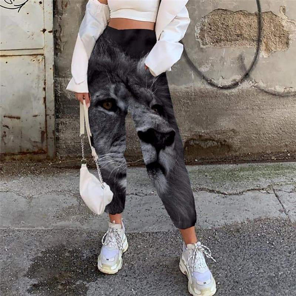 Lion Trousers Women Animal Casual Pant Anime Trouser Harajuku Jogger Pants Black 3d Printed - KYKU