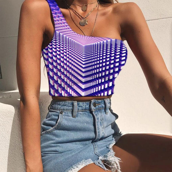 Geometric Tank Tops Women Psychedelic One Shoulder Crop Vortex Tees Graphic Purple Sleeveless Shirt - KYKU