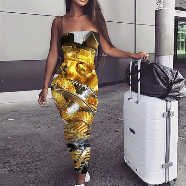 Metal Dress Women Engine Bodycon Dress Gear Sundress Hip Hop Ladies Dresses