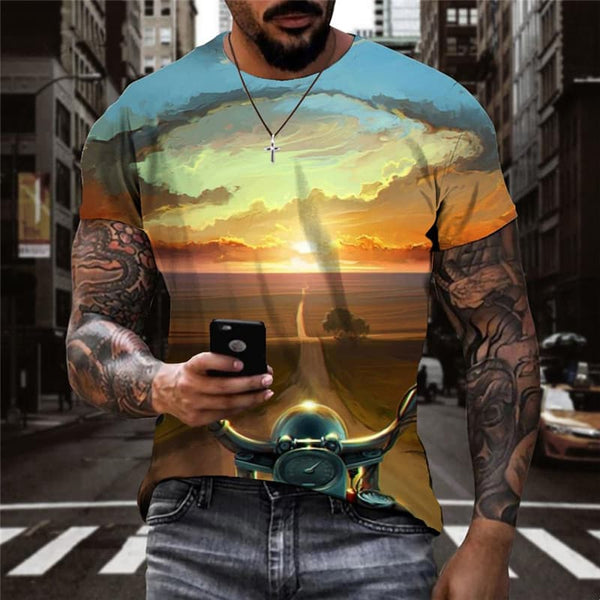 Motorcycle T-shirt Men Landscape T-shirts 3d Cloud Shirt Print Harajuku Anime Clothes