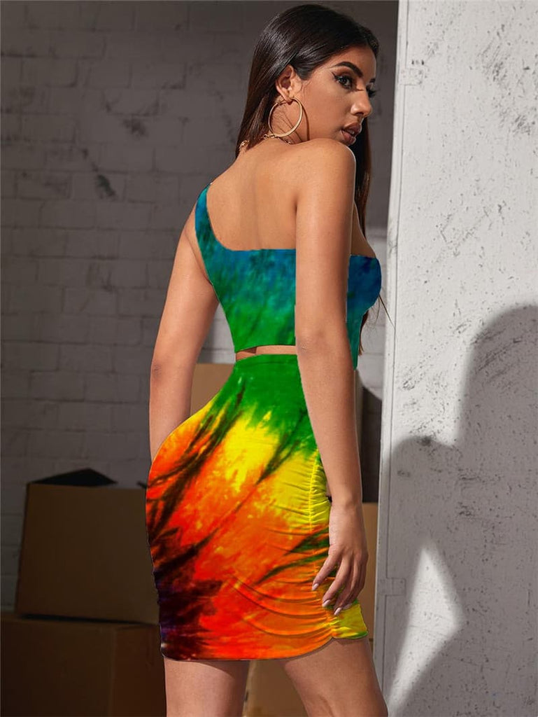 
Colorful Dress Women Dizziness Bodycon Dress Tie Dye Hollow out Dresses Harajuku Halter Sleeveless
                