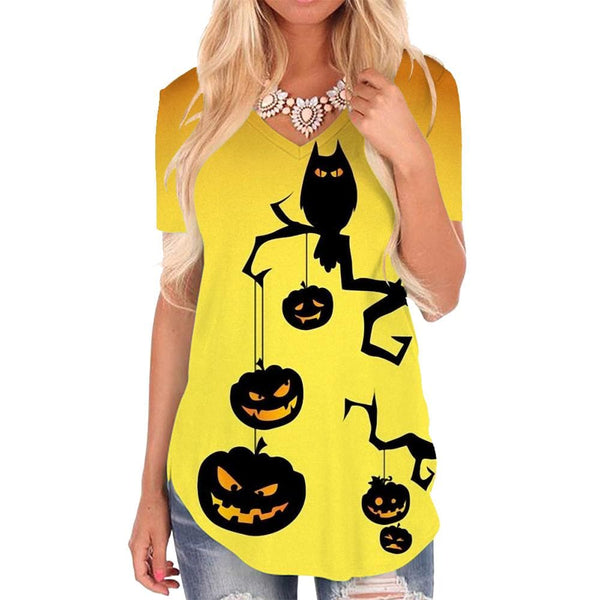 Pumpkin T-shirt women Halloween T-shirts 3d Bat Shirt Print Moon V-neck Tshirt