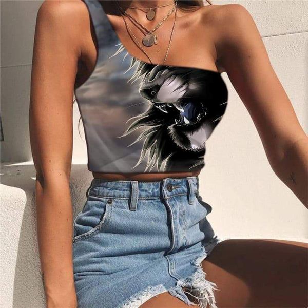 Lion Vest Tops Women Animal Sleeveless Shirt Anime Tees Graphic Street Midriff T shirt Harajuku One Shoulder Crop - KYKU