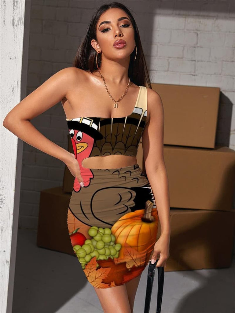 
Thanksgiving Dresses Women Animal Vestido Sexy Maple Leaf Bodycon Dress
                