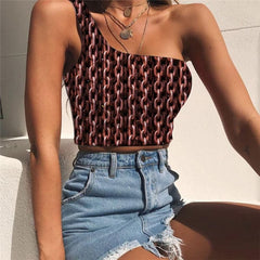 Iron Chain Vest Tops Women Brown Sleeveless Shirt Metal Tees Graphic Punk Rock One Shoulder Crop