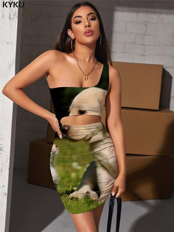 Dog Dresses Women Cat Halter Sleeveless Animal 3d Print Lovely Pleating