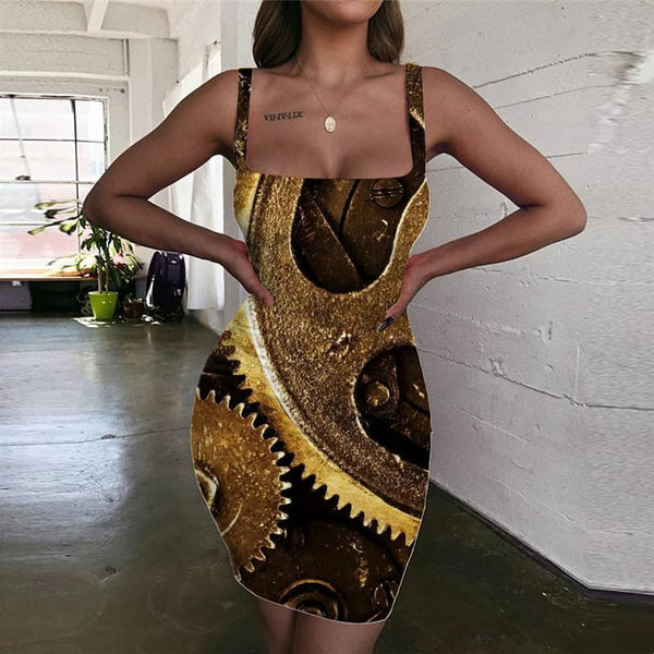 Metal Dresses Women Engine Sundress Gear Vestido Sexy Paint Halter Sleeveless