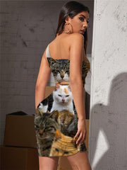 Cat Dress Women Animal Halter Sleeveless Home Pleating Lovely 3d Print Harajuku Bodycon Dress