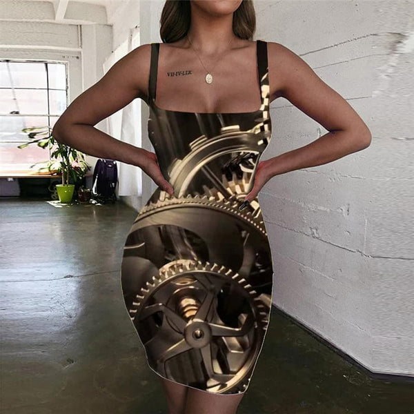 Metal Dress Women Engine Ladies Dresses Gear Bodycon Dress Punk Rock 3d Print