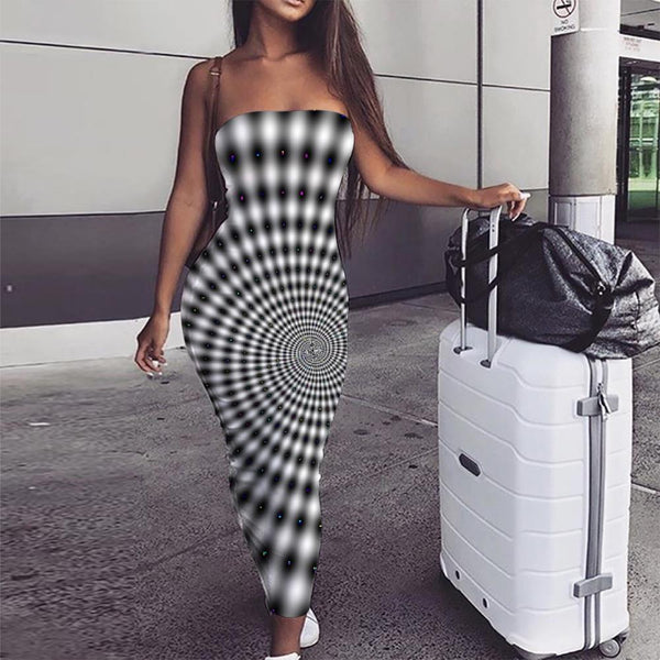 Geometric Dress Women Psychedelic Ladies Dresses Vortex Sundress Black And White Bodycon Dress - KYKU