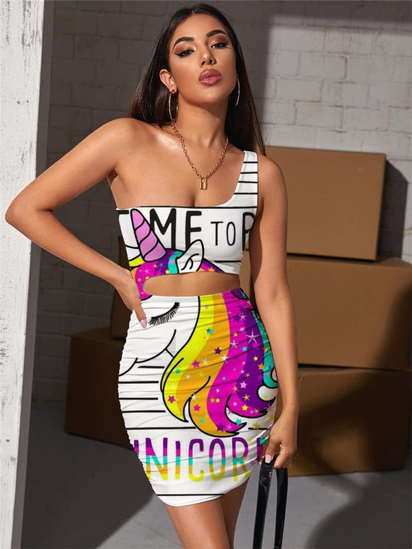 Unicorn Dresses Women Rainbow Pleating Animal 3d Print Harajuku Vestido Sexy