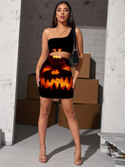 Halloween Dress Women Pumpkin Vestido Sexy Funny Halter Sleeveless Party Pleating