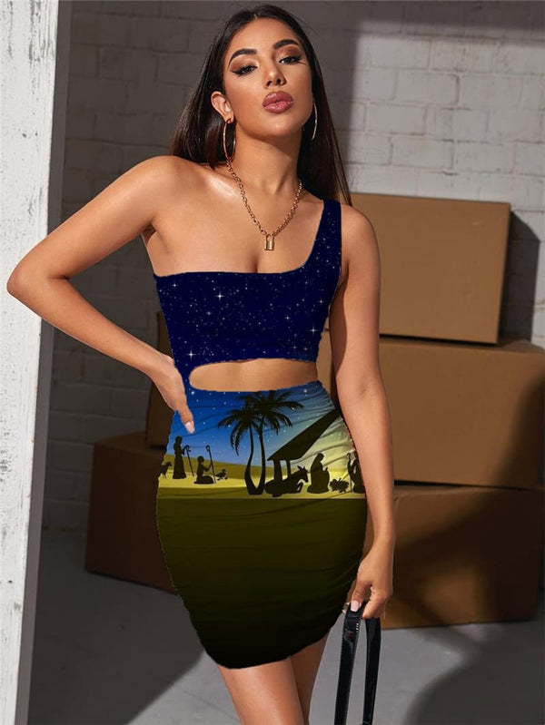 Galaxy Dress Women Christian Pleating Animal 3d Print Coconut Tree Halter Sleeveless