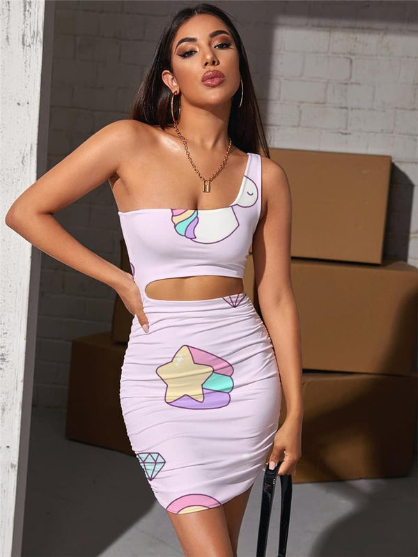 Unicorn Dress Women Moon Bodycon Dress Colorful Vestido Sexy Universe Pleating Cloud Halter Sleeveless