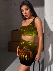 Halloween Dress Women Pumpkin Vestido Sexy Cosplay Halter Sleeveless Party Bodycon Dress