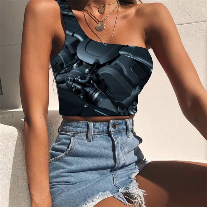 
Metal Tank Tops Women Engine One Shoulder Crop Gear Sleeveless Shirt Engine Tees Graphic Hip Hop Midriff T shirt
                