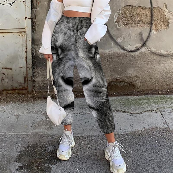 Lion Pants Women Animal 3d Printed Anime Casual Pant Head High Waist Pants Hip Hop Trouser - KYKU