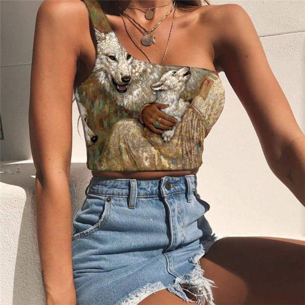 Indios Tank Tops Women Wolf Sleeveless Shirt Animal Midriff T shirt Lovely Tees Graphic - KYKU