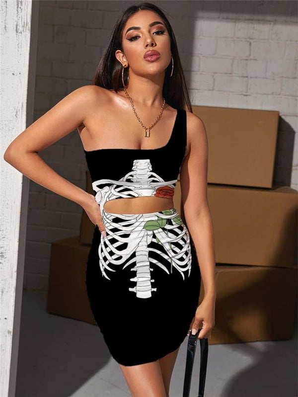 Skeleton Dresses Women Flower Pleating Art Hollow out Dresses Hip Hop Bodycon Dress