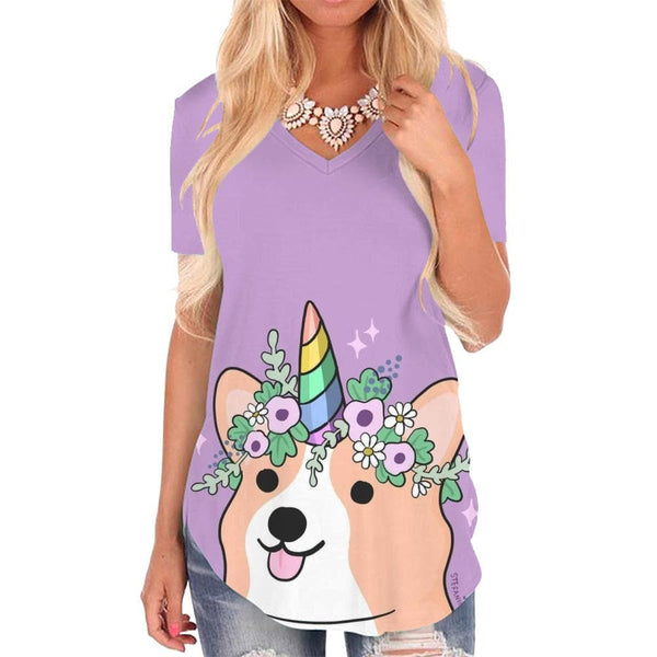 Dog T Shirt Women Flower V-neck Tshirt Rainbow Shirt Print Animal Funny T shirts