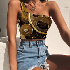 Metal Tank Tops Women Engine Tees Graphic Gear One Shoulder Crop Paint Midriff T shirt