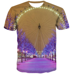 Ferris wheel street view purple lights t shirts Funny 3D t shirt festival Casual men Christmas art costume